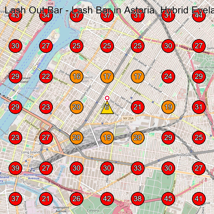 Lash Out Bar - Lash Bar in Astoria, Hybrid Eyelash Extensions, Classic Lashes, Mega Volume Eyelash, Lash Lift and Tint GeoGrid visibility map for Skin Care Clinic in Queens